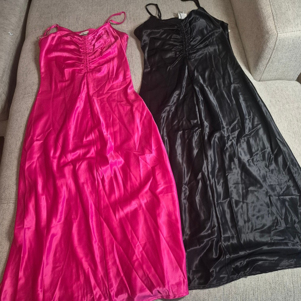 Satin Ruched Maxi Slip Dress Set Hot Pink and Black Spaghetti Strap
